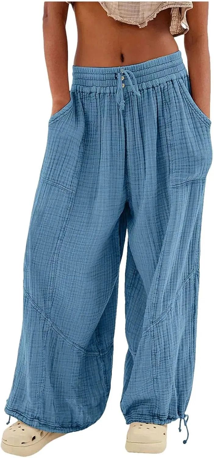 Women Beach Pants Linen Wide Leg Harem High Waist Button Drawstring Looseo Palazz Pants with Pocket