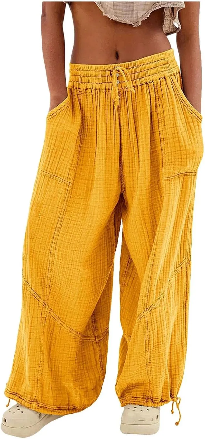 Women Beach Pants Linen Wide Leg Harem High Waist Button Drawstring Looseo Palazz Pants with Pocket