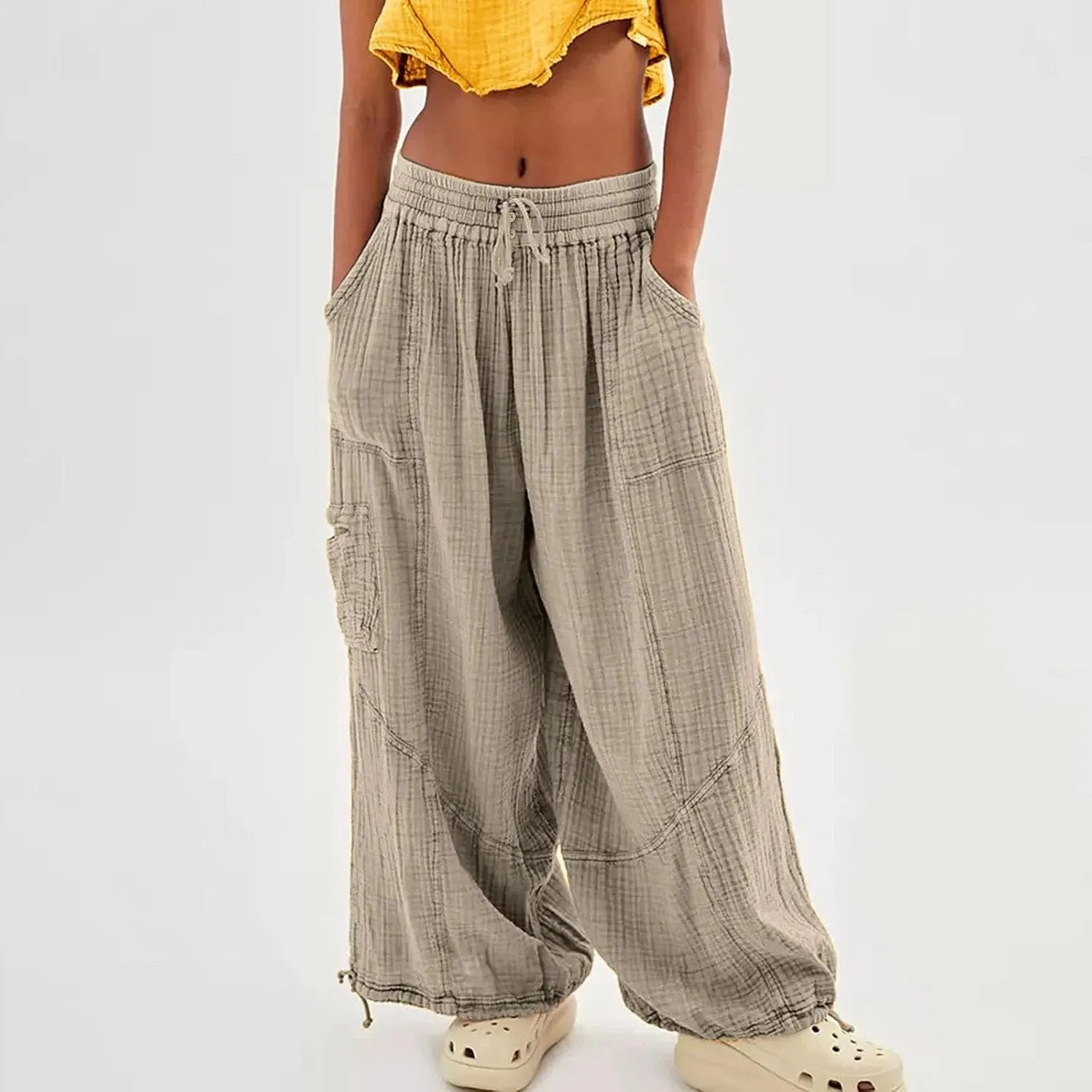 Women Beach Pants Linen Wide Leg Harem High Waist Button Drawstring Looseo Palazz Pants with Pocket