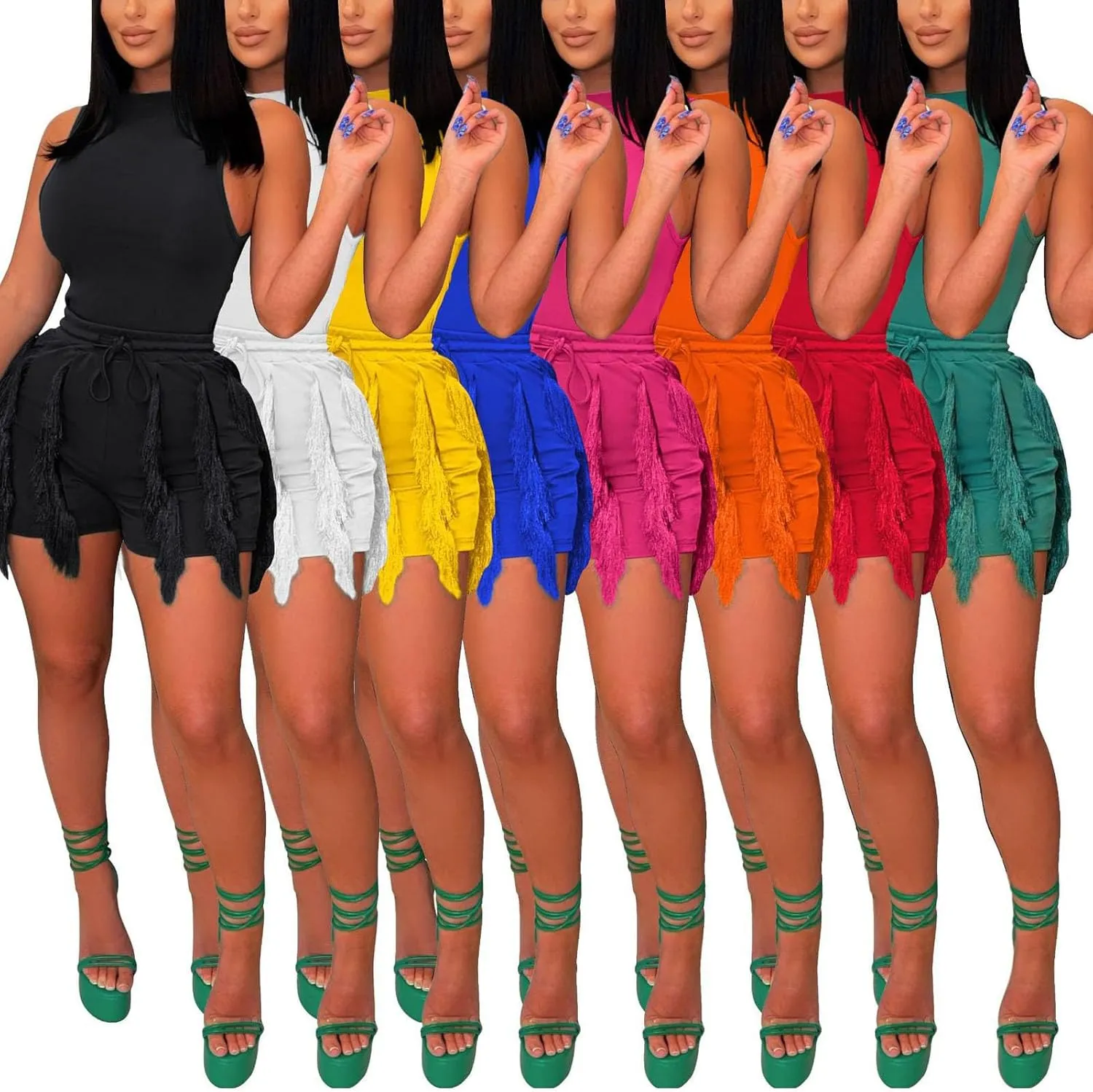 Women Casual Fringe Two Piece Outfits Tassel Short Pants Set Sleeveless Tank Tops Bodysuit Party Clubwears