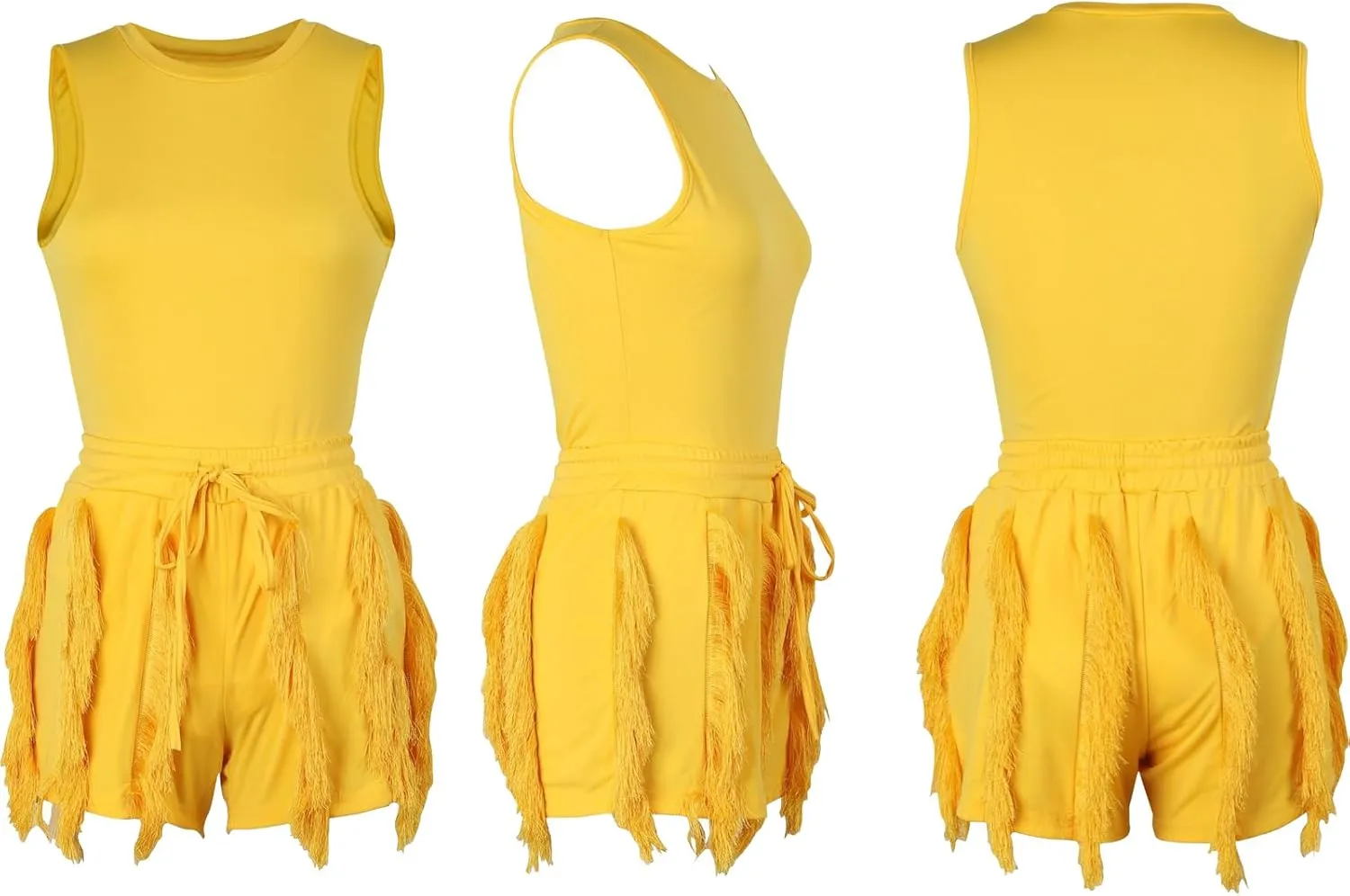 Women Casual Fringe Two Piece Outfits Tassel Short Pants Set Sleeveless Tank Tops Bodysuit Party Clubwears
