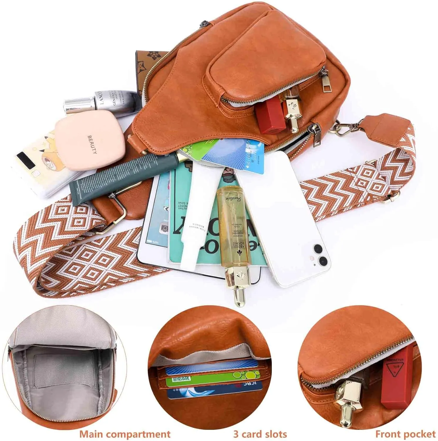 Women Chest Bag Sling Backpack Crossbody PU Leather Satchel Daypack Fashion Lady Chic Leopard Pattern Party Shopping