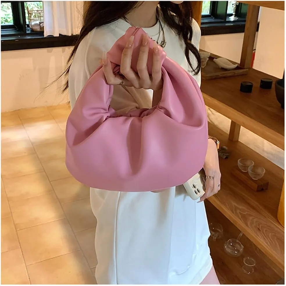 Women Cute Hobo Bag Ruched PU Leather Purse Chic Handbag with Magnetic Closure, White