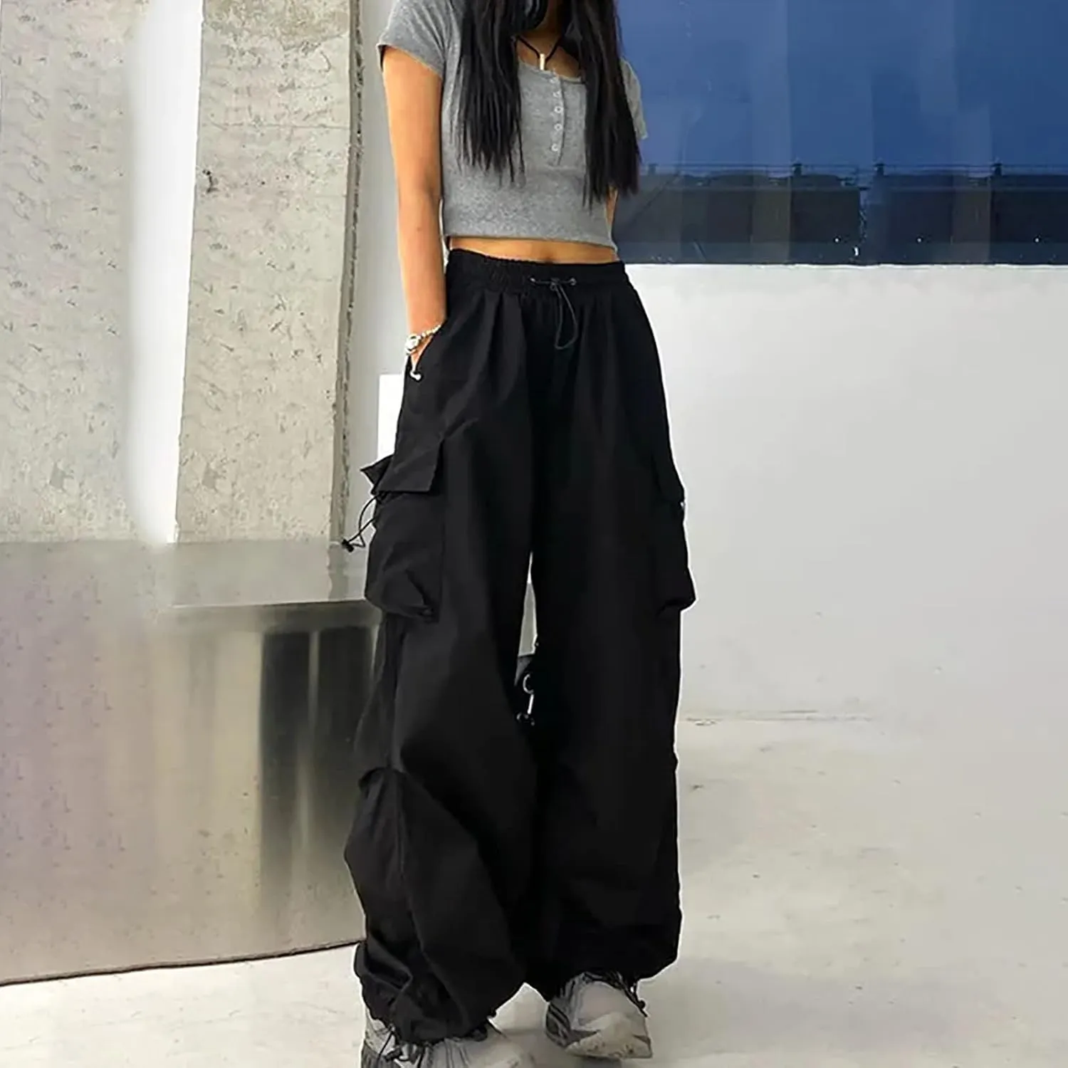 Women Elastic Waist Cargo Pants Parachute Drawstring Overalls Wide Leg Trendy Y2K Pants Teen Girls Hiking Trousers