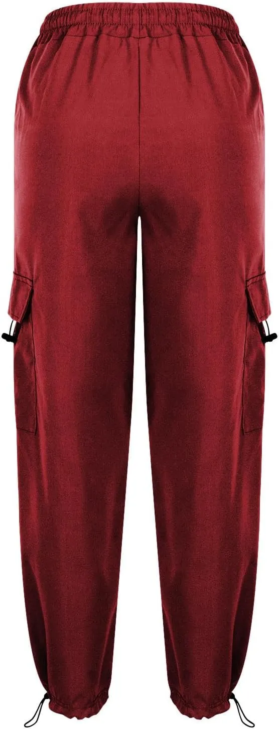 Women Elastic Waist Cargo Pants Parachute Drawstring Overalls Wide Leg Trendy Y2K Pants Teen Girls Hiking Trousers