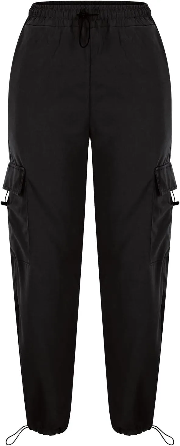 Women Elastic Waist Cargo Pants Parachute Drawstring Overalls Wide Leg Trendy Y2K Pants Teen Girls Hiking Trousers