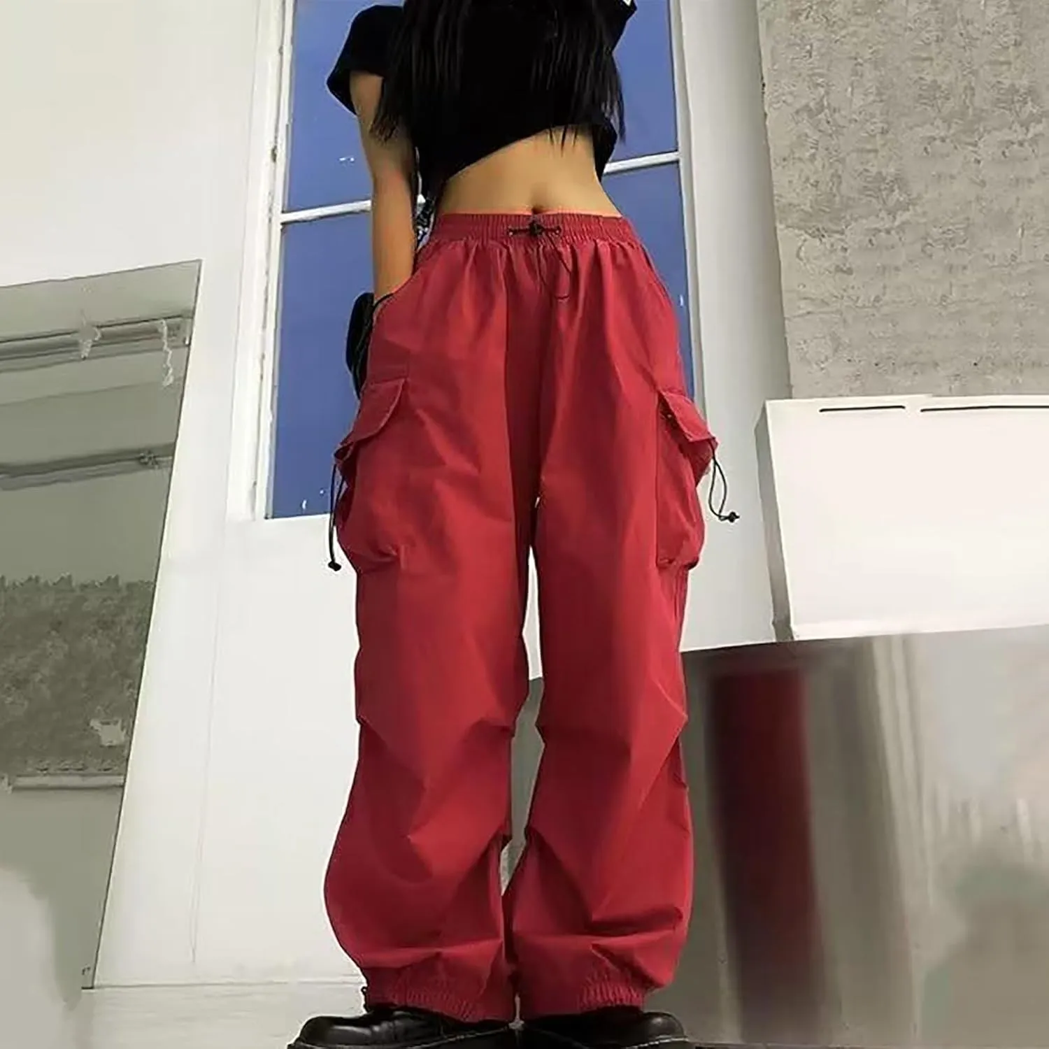 Women Elastic Waist Cargo Pants Parachute Drawstring Overalls Wide Leg Trendy Y2K Pants Teen Girls Hiking Trousers