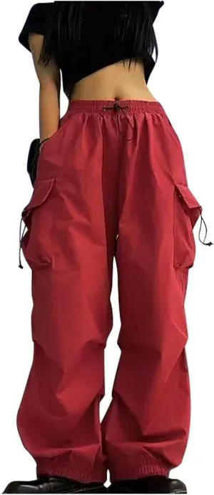 Women Elastic Waist Cargo Pants Parachute Drawstring Overalls Wide Leg Trendy Y2K Pants Teen Girls Hiking Trousers