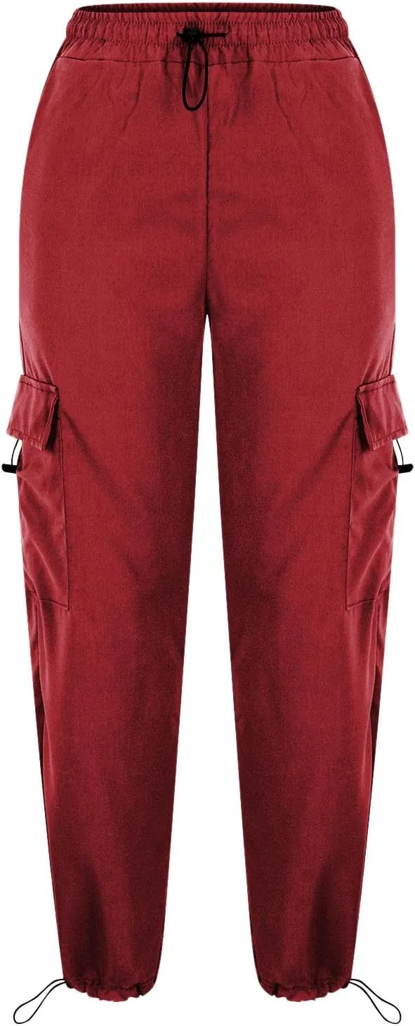 Women Elastic Waist Cargo Pants Parachute Drawstring Overalls Wide Leg Trendy Y2K Pants Teen Girls Hiking Trousers