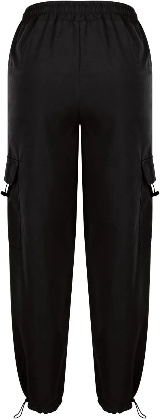 Women Elastic Waist Cargo Pants Parachute Drawstring Overalls Wide Leg Trendy Y2K Pants Teen Girls Hiking Trousers