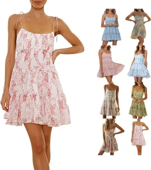 Women Floral Mini Dress Spaghetti Strap Ruffle Tiered Dress, Sexy Sleeveless Ruffle Flowy Swing Tiered Dresses