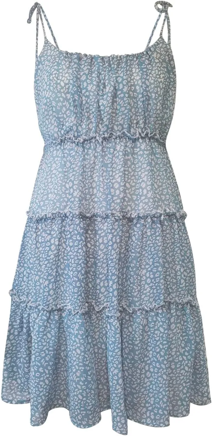 Women Floral Mini Dress Spaghetti Strap Ruffle Tiered Dress, Sexy Sleeveless Ruffle Flowy Swing Tiered Dresses