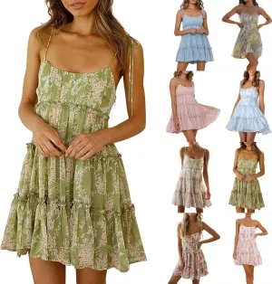Women Floral Mini Dress Spaghetti Strap Ruffle Tiered Dress, Sexy Sleeveless Ruffle Flowy Swing Tiered Dresses