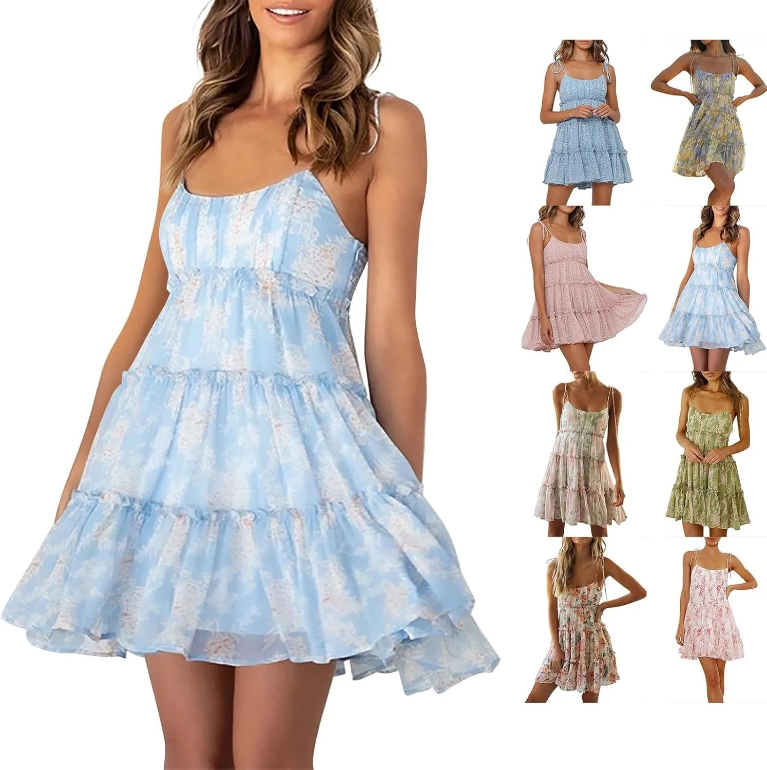 Women Floral Mini Dress Spaghetti Strap Ruffle Tiered Dress, Sexy Sleeveless Ruffle Flowy Swing Tiered Dresses