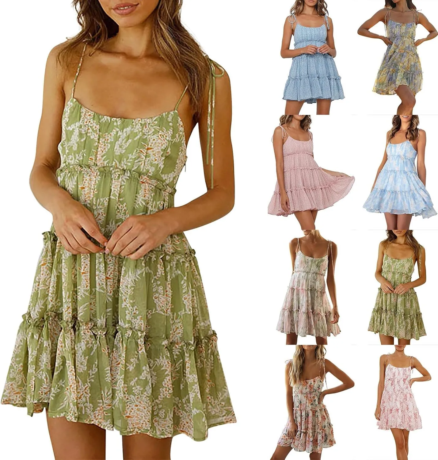 Women Floral Mini Dress Spaghetti Strap Ruffle Tiered Dress, Sexy Sleeveless Ruffle Flowy Swing Tiered Dresses