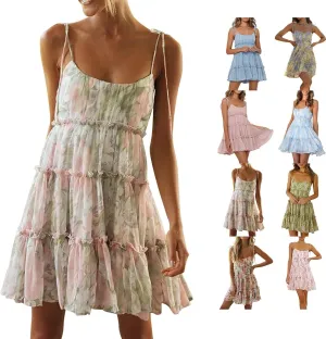 Women Floral Mini Dress Spaghetti Strap Ruffle Tiered Dress, Sexy Sleeveless Ruffle Flowy Swing Tiered Dresses