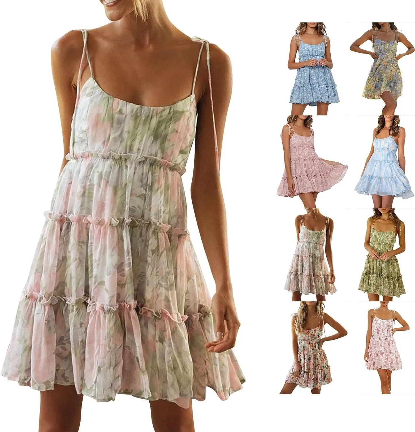 Women Floral Mini Dress Spaghetti Strap Ruffle Tiered Dress, Sexy Sleeveless Ruffle Flowy Swing Tiered Dresses