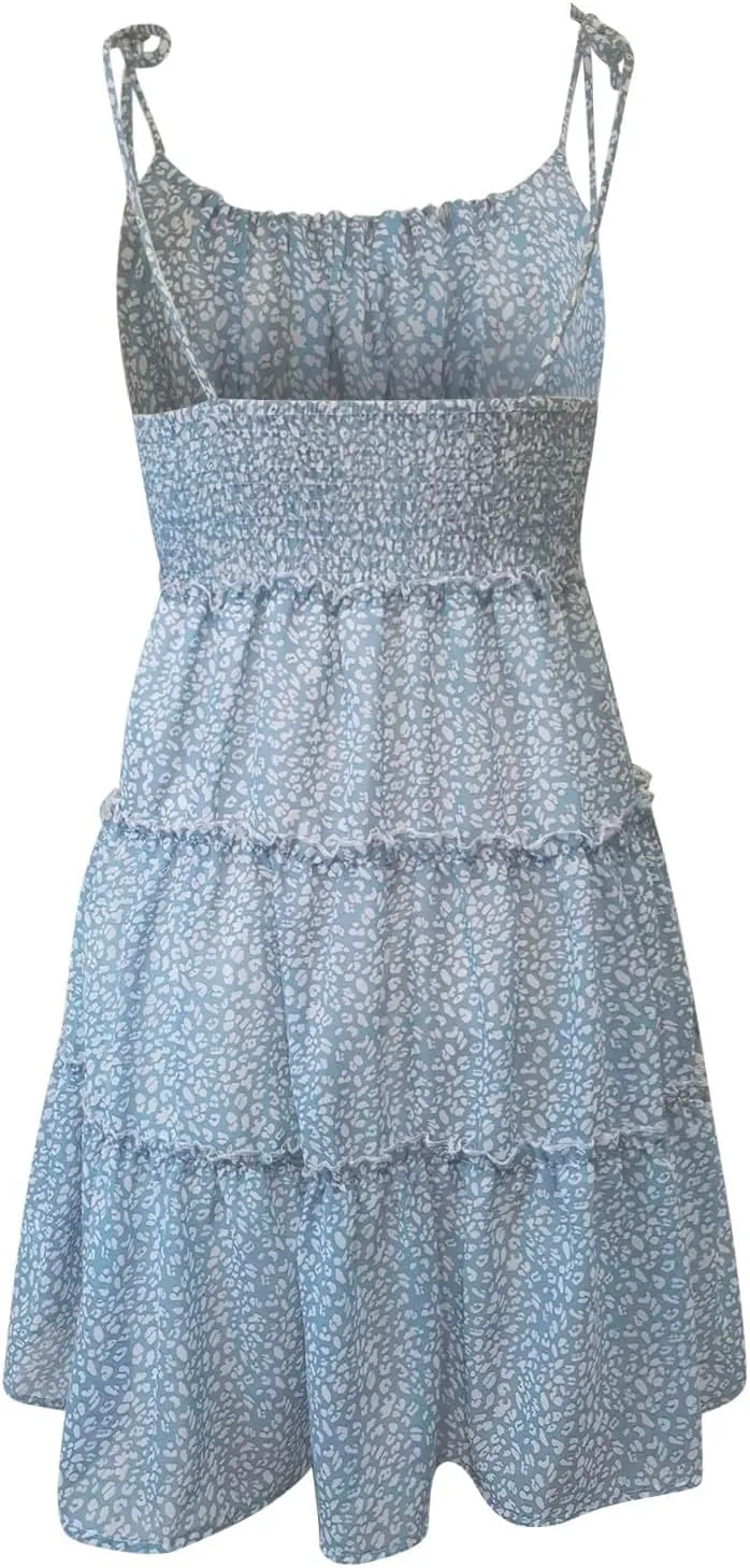 Women Floral Mini Dress Spaghetti Strap Ruffle Tiered Dress, Sexy Sleeveless Ruffle Flowy Swing Tiered Dresses