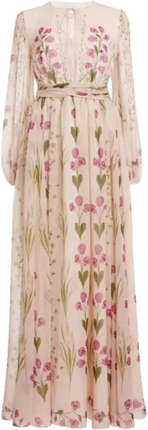 Women Floral Printing A Line Midi Long Vintage Dress Lady Frence Chic Plus Size Streetwear Dress