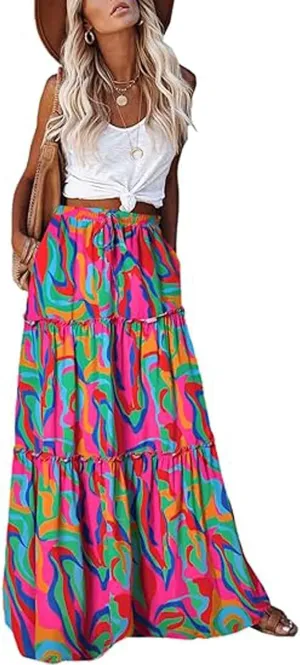Women Flowy Boho Maxi Skirt Floral Print Pleated Ruffle Casual Long Skirt Beachwear Aesthetic Clothes