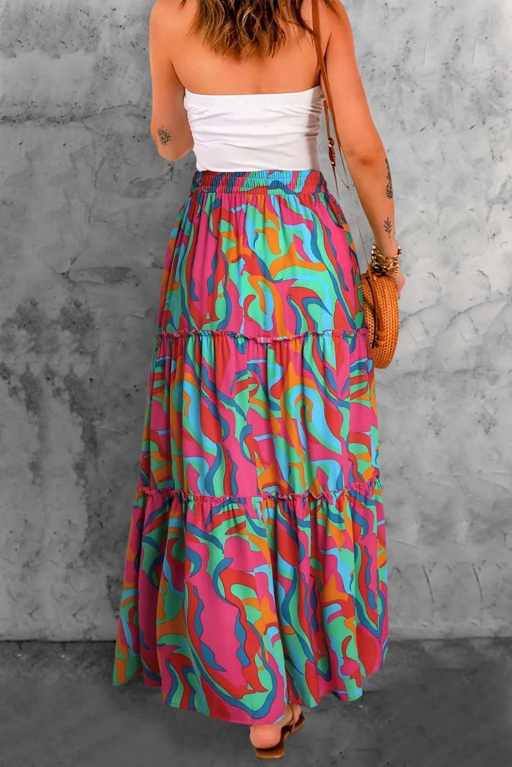 Women Flowy Boho Maxi Skirt Floral Print Pleated Ruffle Casual Long Skirt Beachwear Aesthetic Clothes