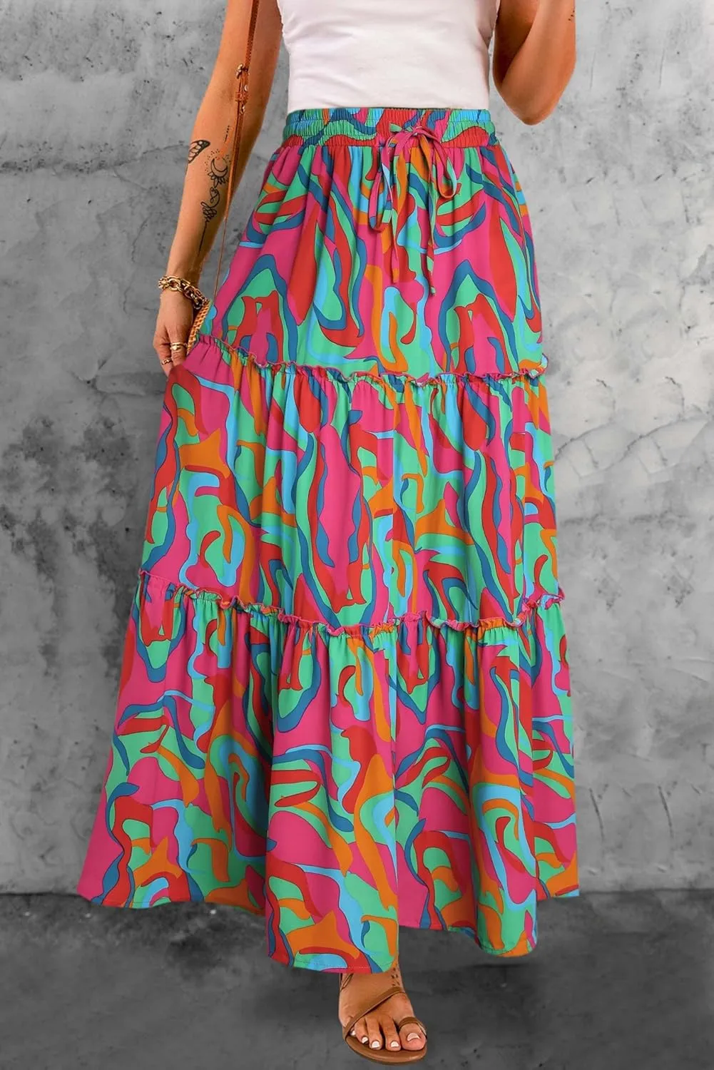 Women Flowy Boho Maxi Skirt Floral Print Pleated Ruffle Casual Long Skirt Beachwear Aesthetic Clothes