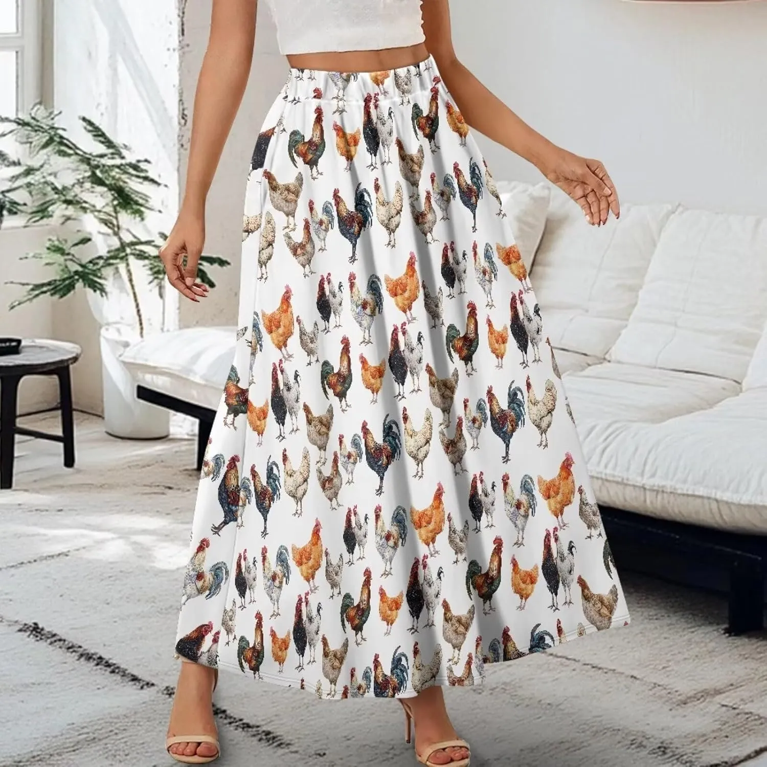 Women Flowy Long Skirts Summer Beach Pleated Elastic High Waisted Casual Maxi Skirts with Pockets Size S-2XL
