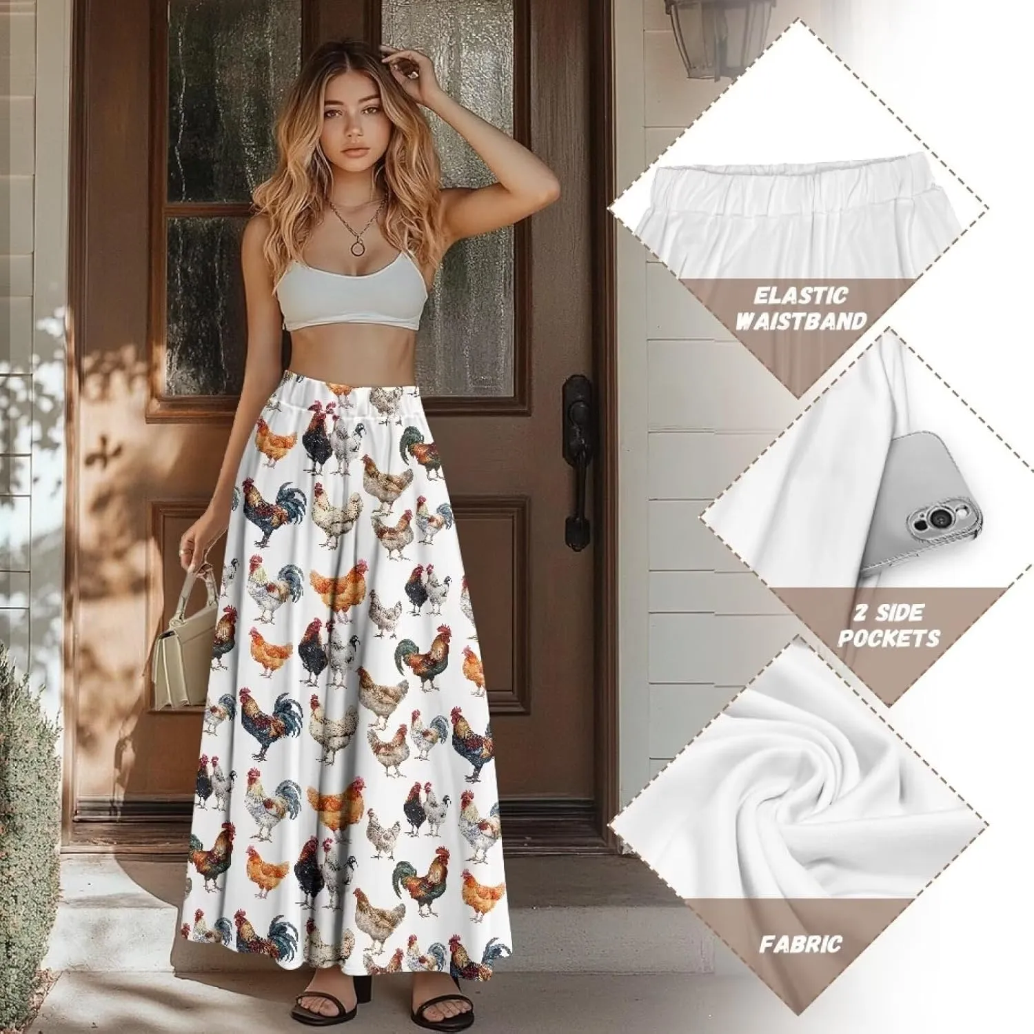 Women Flowy Long Skirts Summer Beach Pleated Elastic High Waisted Casual Maxi Skirts with Pockets Size S-2XL