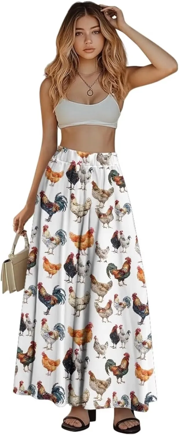 Women Flowy Long Skirts Summer Beach Pleated Elastic High Waisted Casual Maxi Skirts with Pockets Size S-2XL