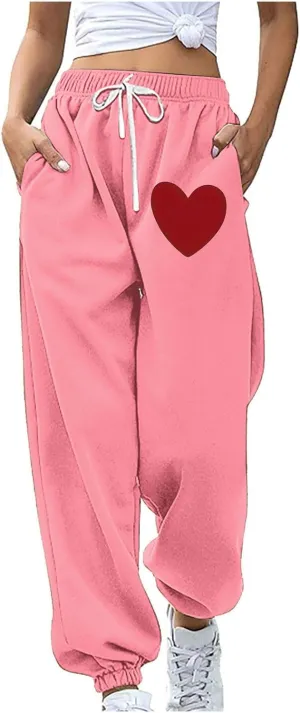 Women Heart Print Sweatpants High Waist Baggy Sweatpants Joggers Sport Active Trousers Workout Pants with Pockets