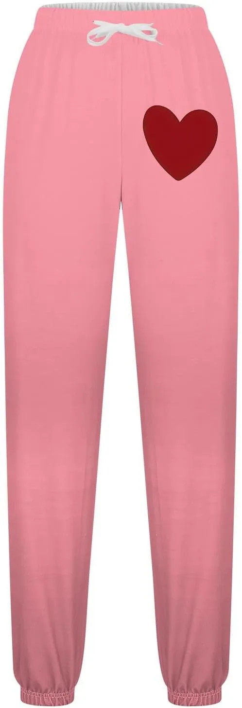 Women Heart Print Sweatpants High Waist Baggy Sweatpants Joggers Sport Active Trousers Workout Pants with Pockets