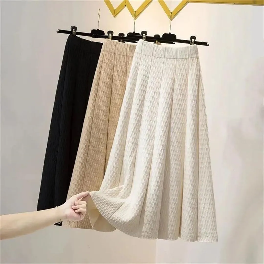 Women High Waist Knitted Midi Skirt Autumn Winter Simple Solid Pleated Skirts Elegant Med-Long A-Line Skirt