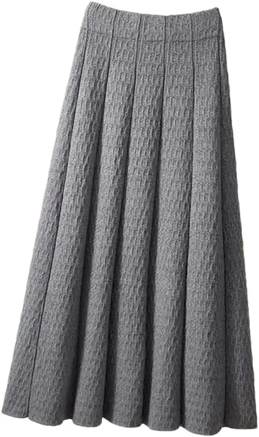 Women High Waist Knitted Midi Skirt Autumn Winter Simple Solid Pleated Skirts Elegant Med-Long A-Line Skirt
