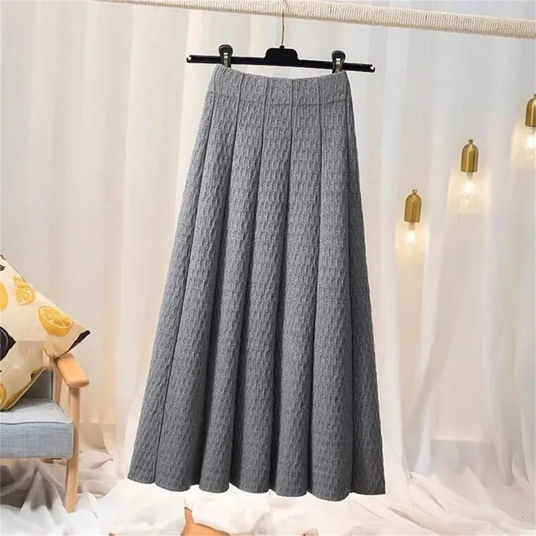 Women High Waist Knitted Midi Skirt Autumn Winter Simple Solid Pleated Skirts Elegant Med-Long A-Line Skirt