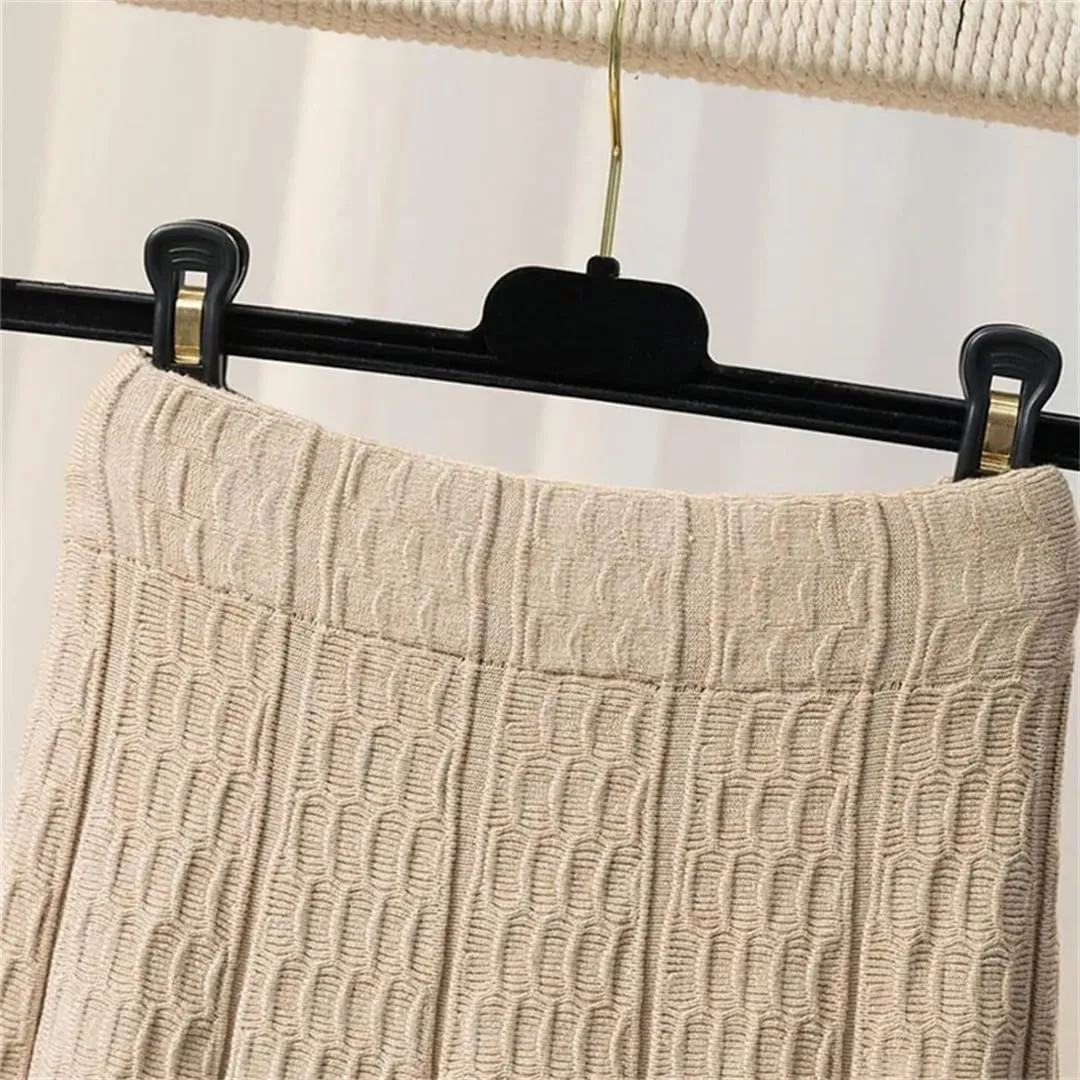 Women High Waist Knitted Midi Skirt Autumn Winter Simple Solid Pleated Skirts Elegant Med-Long A-Line Skirt