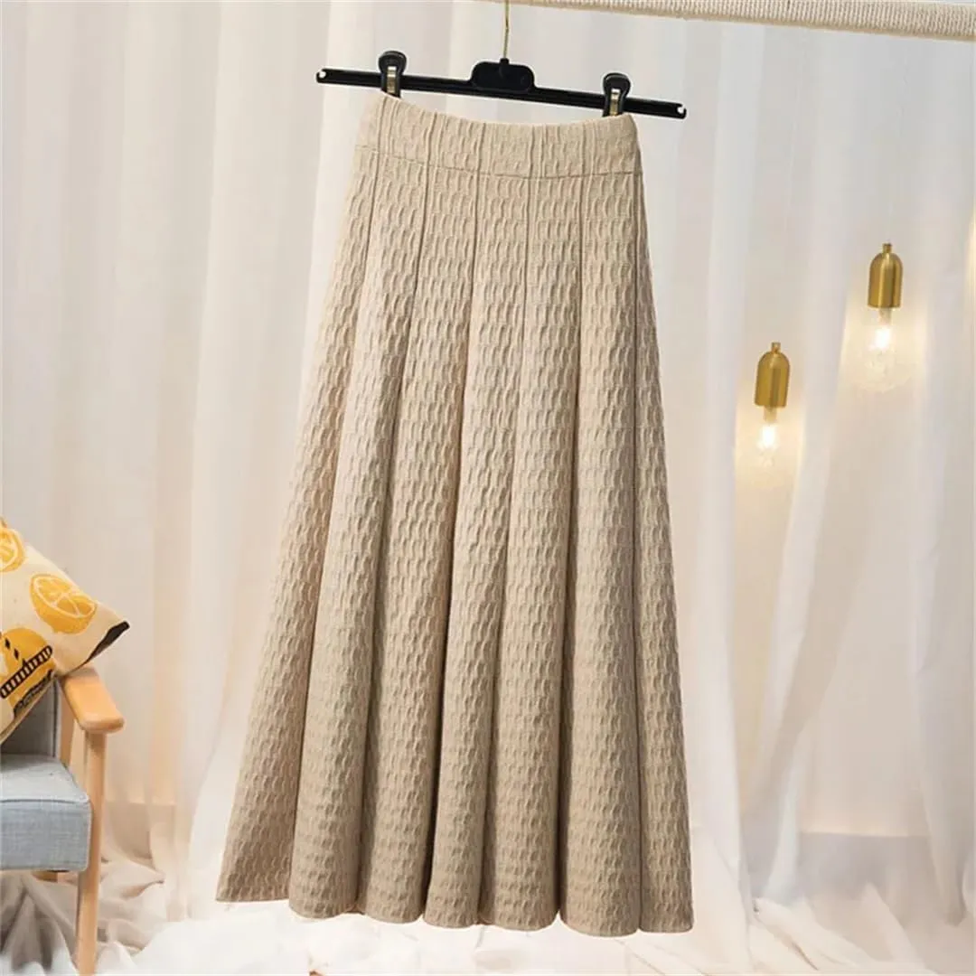 Women High Waist Knitted Midi Skirt Autumn Winter Simple Solid Pleated Skirts Elegant Med-Long A-Line Skirt