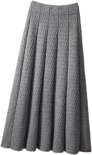 Women High Waist Knitted Midi Skirt Autumn Winter Simple Solid Pleated Skirts Elegant Med-Long A-Line Skirt
