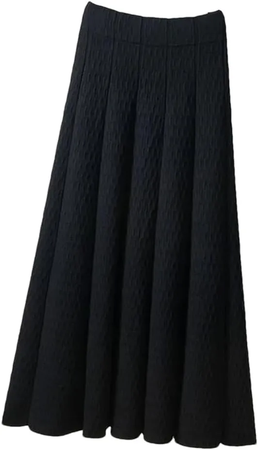Women High Waist Knitted Midi Skirt Autumn Winter Simple Solid Pleated Skirts Elegant Med-Long A-Line Skirt