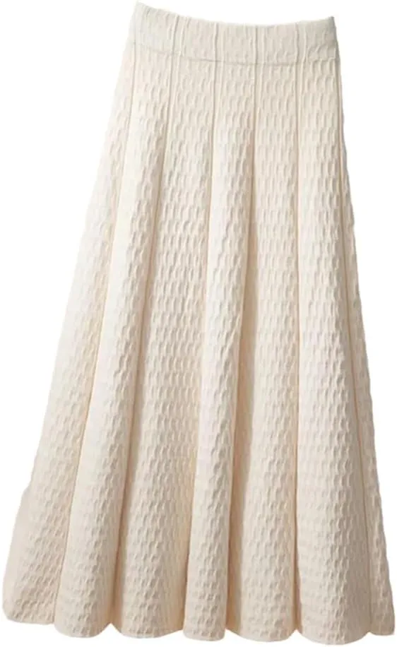 Women High Waist Knitted Midi Skirt Autumn Winter Simple Solid Pleated Skirts Elegant Med-Long A-Line Skirt