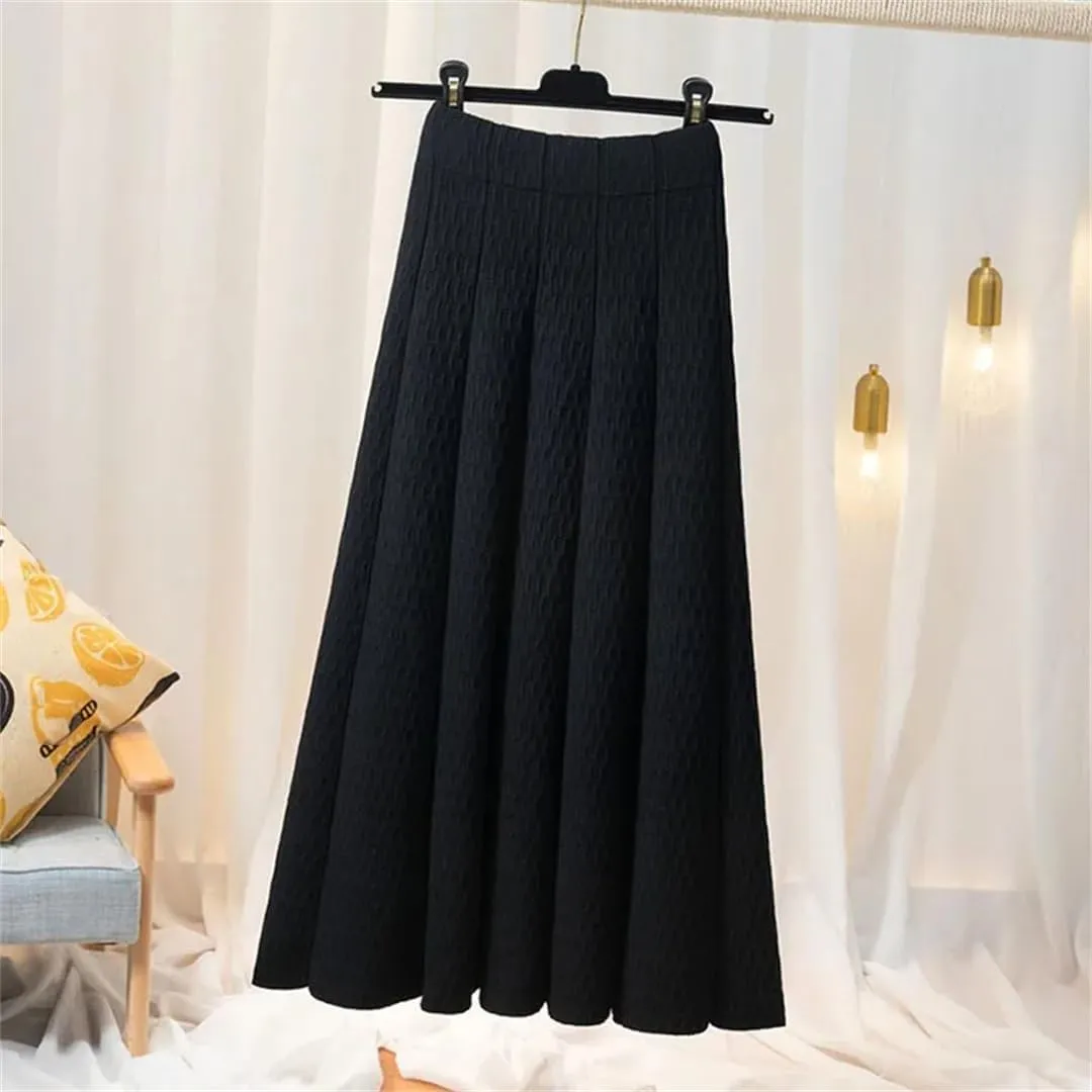 Women High Waist Knitted Midi Skirt Autumn Winter Simple Solid Pleated Skirts Elegant Med-Long A-Line Skirt