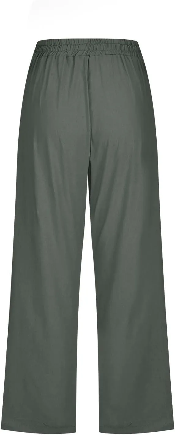 Women High Waist Straight Leg Pants Casual Elastic Waist Cotton Linen Wide Leg Pants Solid Summer Drawstring Trousers