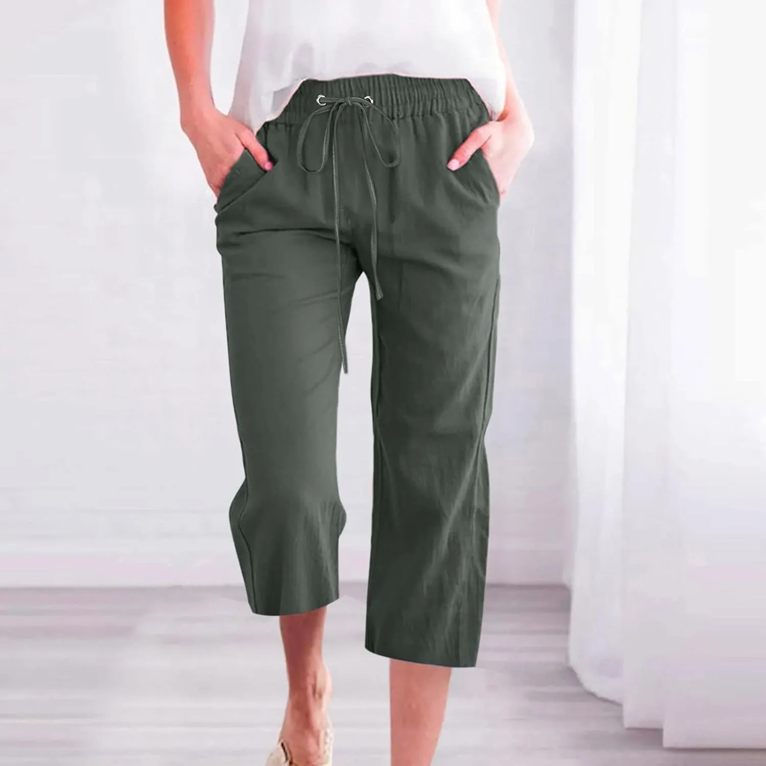Women High Waist Straight Leg Pants Casual Elastic Waist Cotton Linen Wide Leg Pants Solid Summer Drawstring Trousers