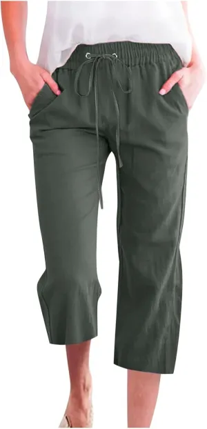 Women High Waist Straight Leg Pants Casual Elastic Waist Cotton Linen Wide Leg Pants Solid Summer Drawstring Trousers