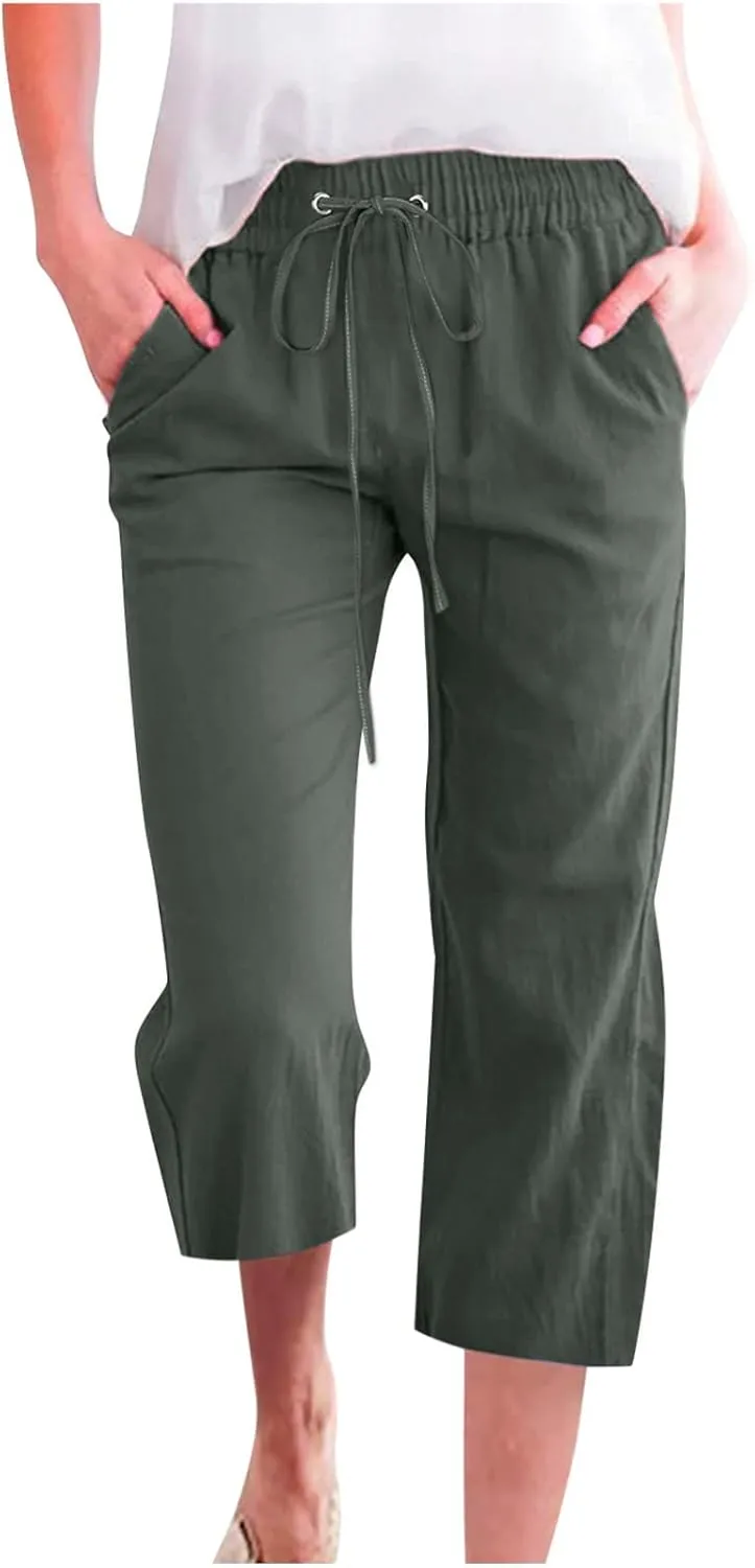 Women High Waist Straight Leg Pants Casual Elastic Waist Cotton Linen Wide Leg Pants Solid Summer Drawstring Trousers