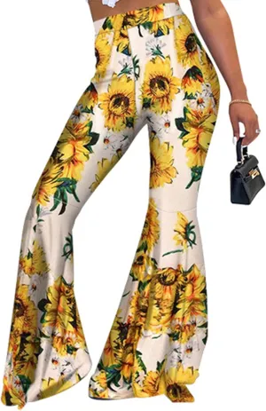Women High Waisted Fit Flare Ethnic Paisley Floral Bell Bottoms Yoga Pants Flared Leggings