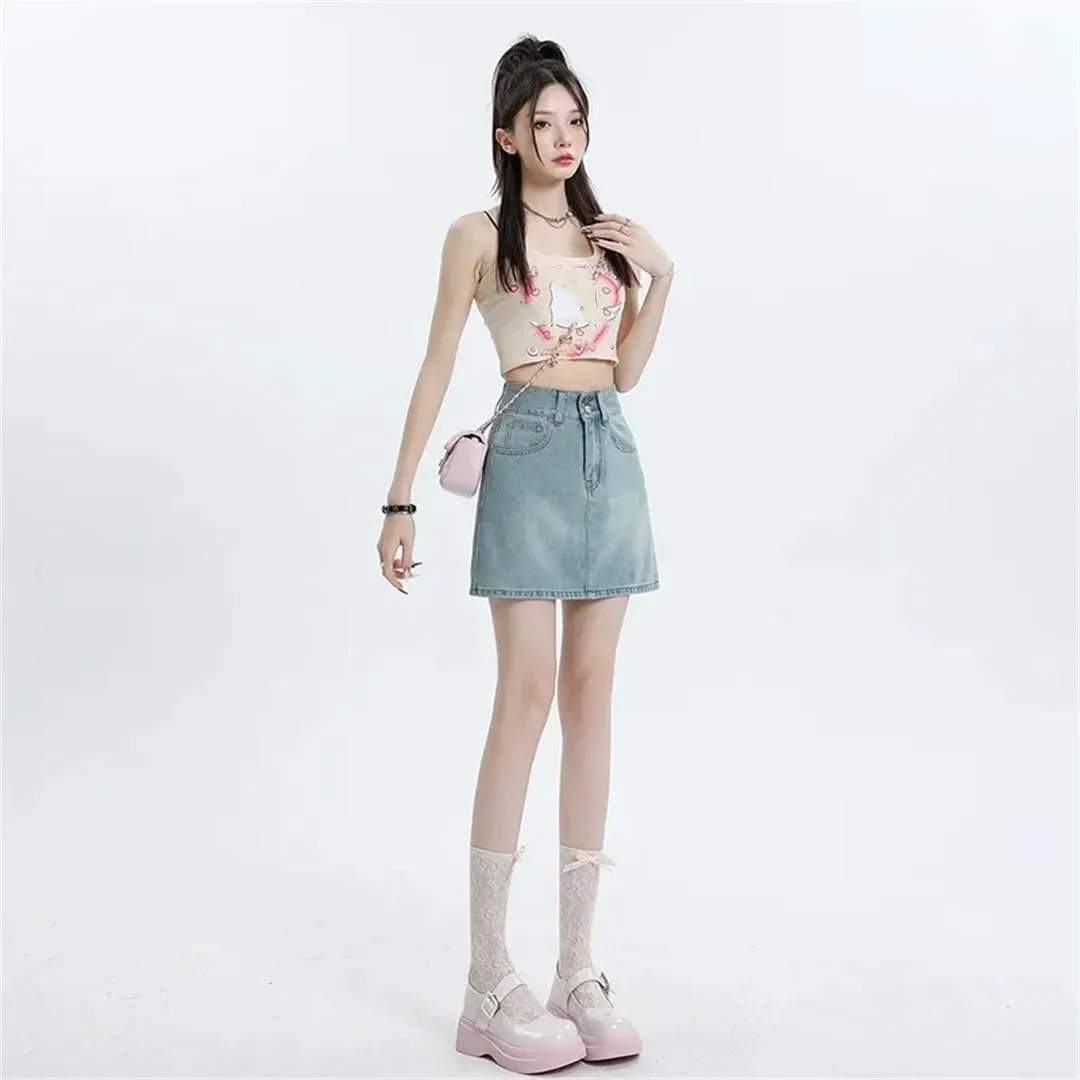 Women High-Waisted Side Slit Denim Skirt Anti-Exposure Mini Dress