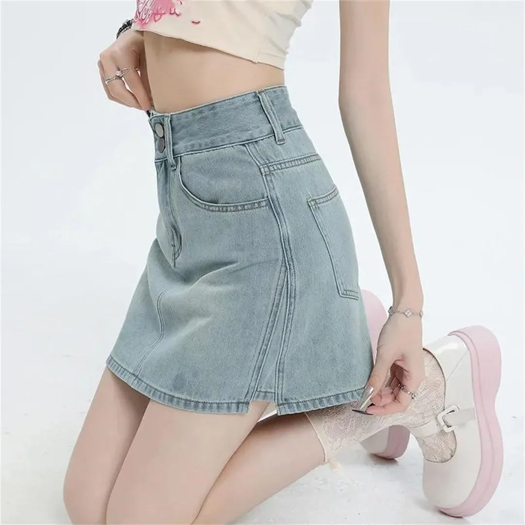 Women High-Waisted Side Slit Denim Skirt Anti-Exposure Mini Dress