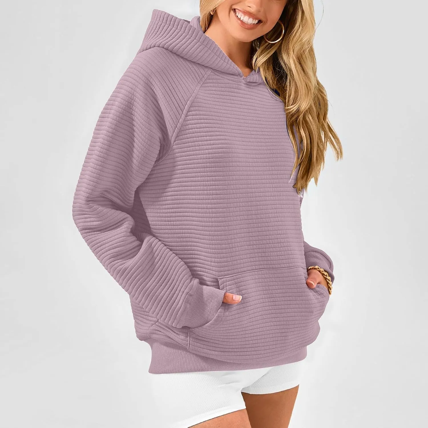 Women Hoodies Casual Hooded Oversized Sweatshirts with Large Pocket Raglan Long Sleeve Loose Solid Pullover Tops