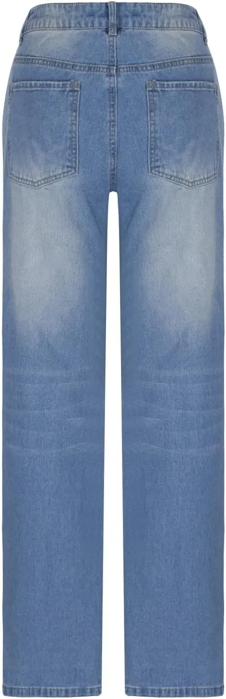 Women Men Vintage Wash Ripped Jeans High Waist Straight Leg Denim Pants Couple Zip Buttons Distress Loose Trousers