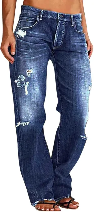 Women Men Vintage Wash Ripped Jeans High Waist Straight Leg Denim Pants Couple Zip Buttons Distress Loose Trousers